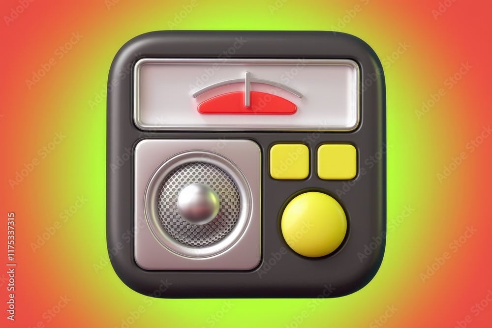 Fototapeta premium Retro-styled 3D render of a portable music player with a volume meter, buttons, and speaker.