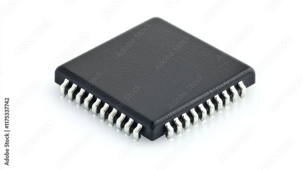 A square black integrated circuit chip with metallic connectors. Ideal for electronic devices and computer systems. A square black integrated circuit chip with metallic connectors. Ideal for electronic devices and computer systems.