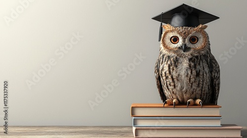 An owl wearing a graduation cap sits atop a stack of books, symbolizing knowledge and education.