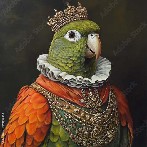 an oil painting portrait of a female green conure with royal habits dressed like a queen photo