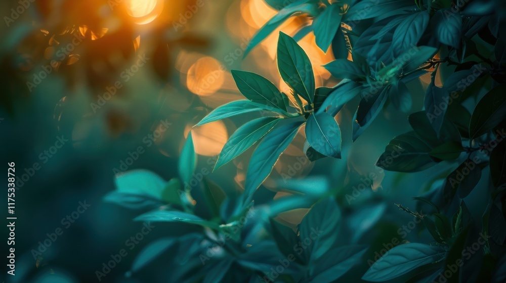 Lush Green Leaves Bathed in Warm Glowing Light Creating a Tranquil Atmosphere in Nature with Vivid Colors and Soft Bokeh Background Effects Lush Green Leaves Bathed in Warm Glowing Light Creating a Tranquil Atmosphere in Nature with Vivid Colors and Soft Bokeh Background Effects