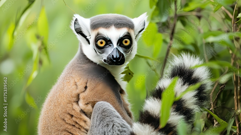 Fototapeta premium Ring-tailed lemur in Madagascar rainforest. Wildlife poster, nature documentary.