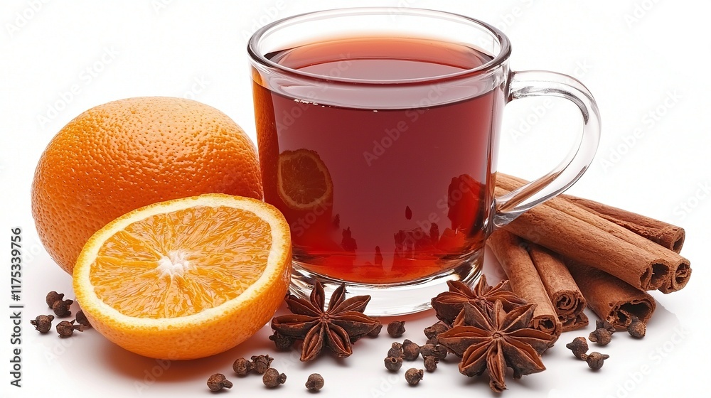 Hot spiced tea with orange, cinnamon, & star anise on white. Hot spiced tea with orange, cinnamon, & star anise on white.