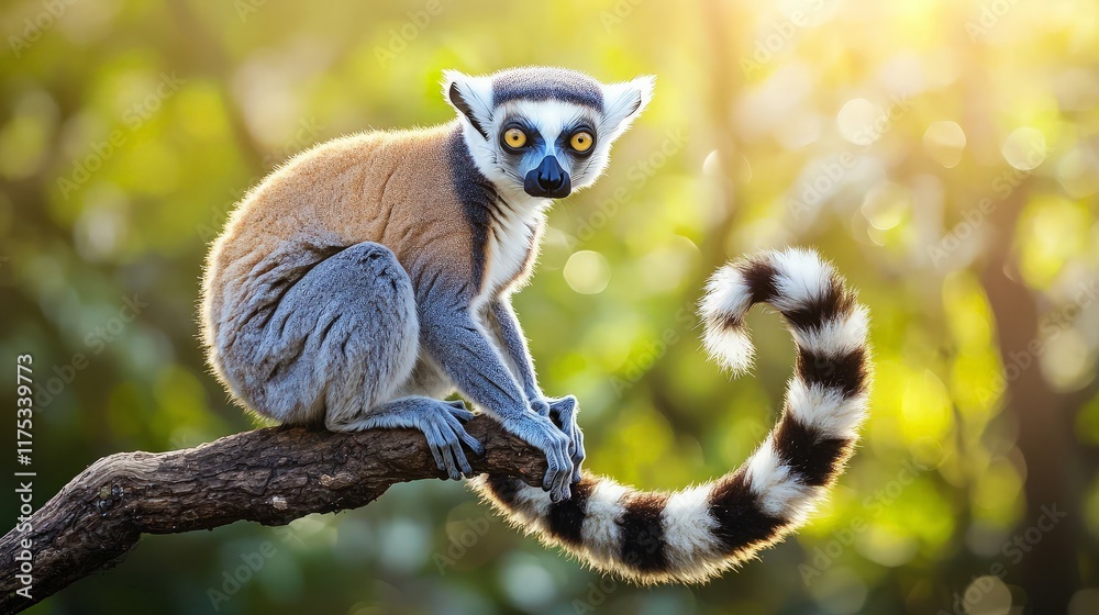 Ring-tailed lemur on branch, jungle background, wildlife, nature photography.