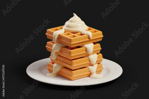 A stack of three golden waffles drizzled with creamy sauce, a delightful breakfast treat.