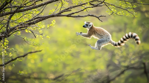 Ring-tailed lemur leaping tree branches, African forest. Wildlife nature photo.