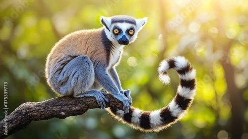 Obraz na płótnie Ring-tailed lemur on branch, jungle background, wildlife, nature photography. w salonie