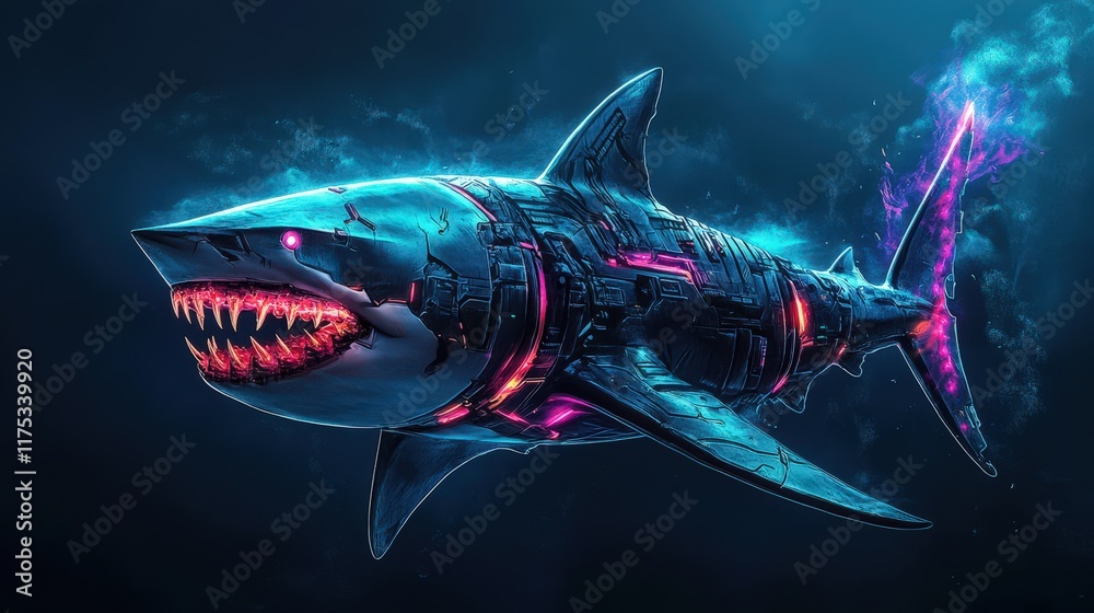 Fototapeta premium A Cybernetic Shark Swims Through Deep Ocean Waters