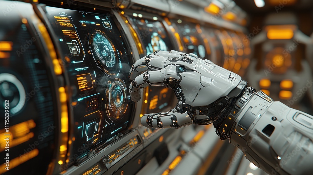 Obraz premium Robotic hand interacting with futuristic control panel.