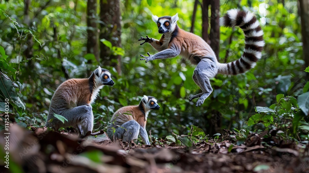 Fototapeta premium Ring-tailed lemurs leaping in Madagascar rainforest. (1)