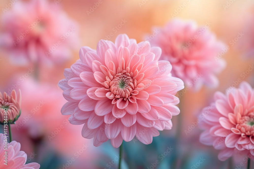Fototapeta premium Pink Dahlia Blooms in Soft Focus Garden Setting