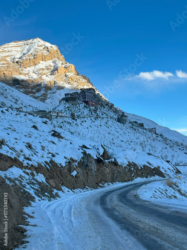 famous monestry in Spiti valley, Himachal Pradesh. Key monestry Images in winter sunshine rays comes on winter spiti valley on himachal