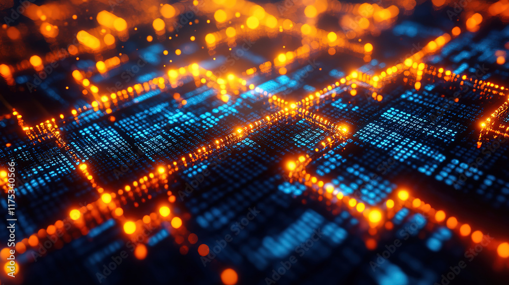 Futuristic Digital Network with Glowing Grids
