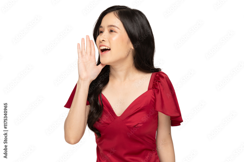 Woman in red dress smiling and shouting with hand near her mouth Woman in red dress smiling and shouting with hand near her mouth