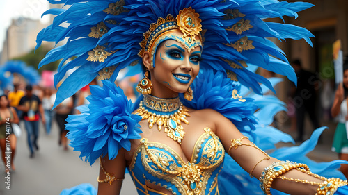 Photo of a woman in a vibrant blue and gold costume celebrating carnival in rio de Janeiro. Generative AI photo