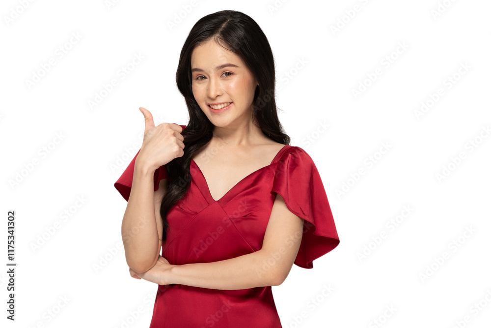 Smiling woman in red dress giving thumbs up gesture confidently Smiling woman in red dress giving thumbs up gesture confidently