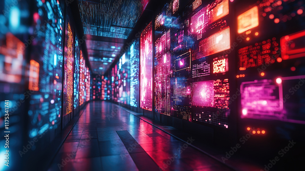Futuristic Neon Corridor with Digital Displays Futuristic Neon Corridor with Digital Displays