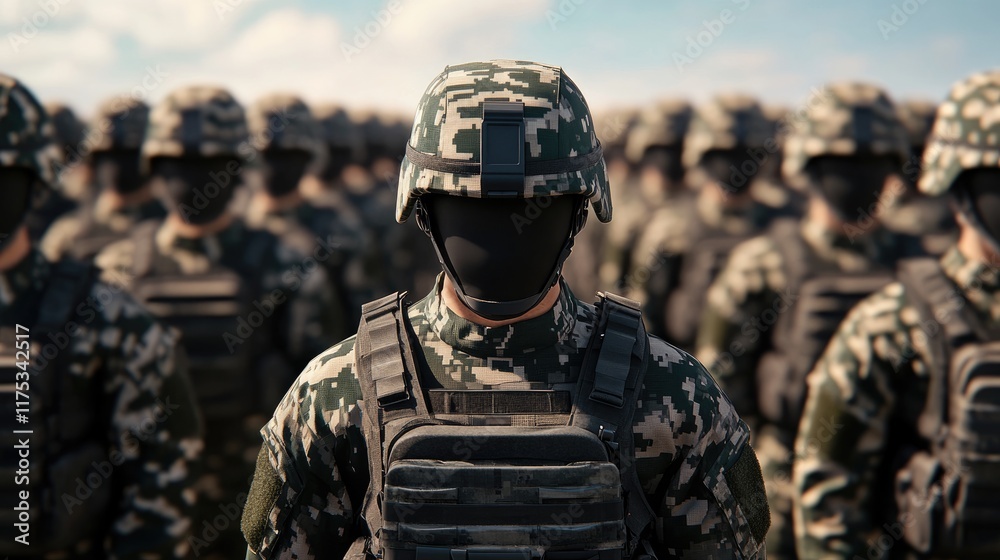 Fototapeta premium A soldier in camouflage uniform stands in front of a large group of soldiers.