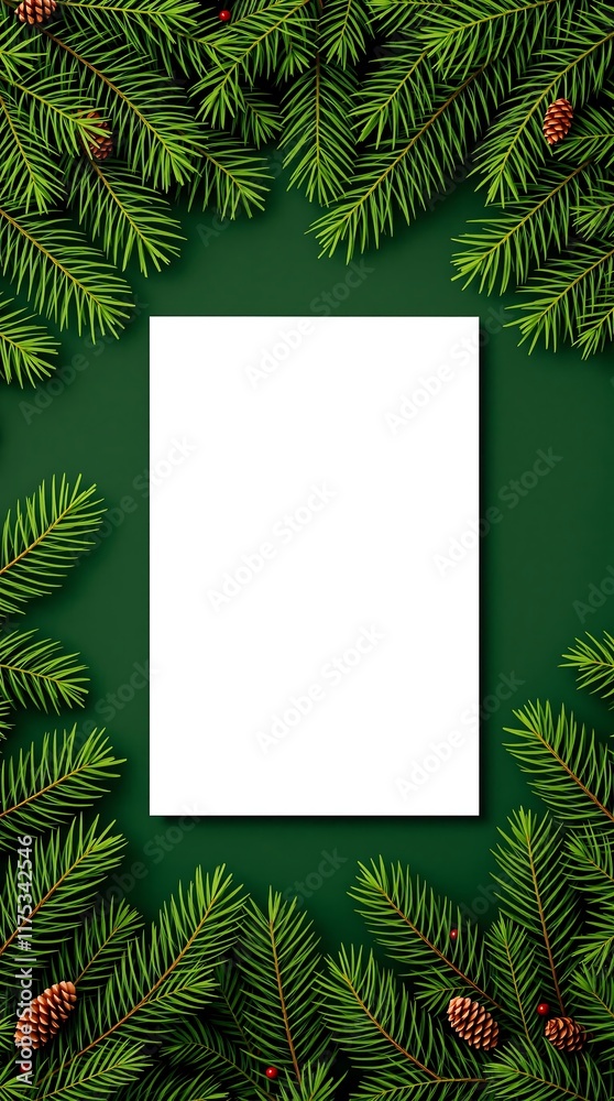 Modern Greeting Card Mockup with Green Fir Branches on Green Background, Empty Postcard Template for Text
