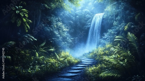 Wallpaper Mural Enchanting tropical waterfall cascading through lush green forest landscape with wooden stairs leading to a peaceful serene stream and pond surrounded by vibrant foliage and towering trees Torontodigital.ca