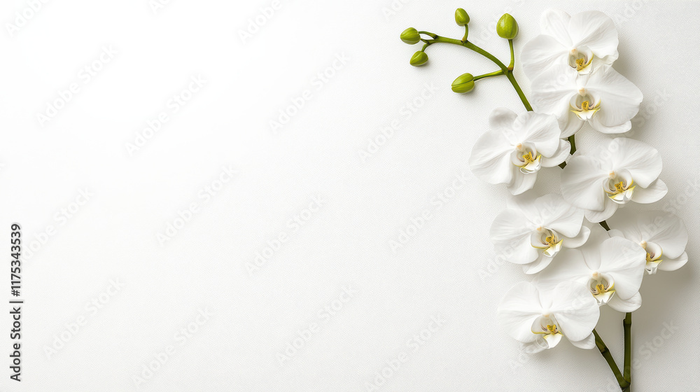 Delicate white orchid branch with buds on light background, symbolizing beauty and elegance