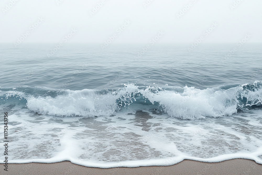 Obraz premium Ocean Wave Crashing on Sandy Shore in Fog