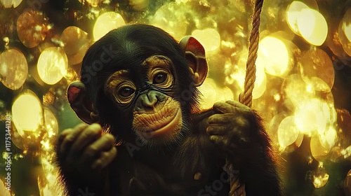 An adorable baby chimpanzee hangs playfully from a rope amidst a backdrop of golden bokeh. Perfect for children's books, greeting cards or nature-themed designs. photo