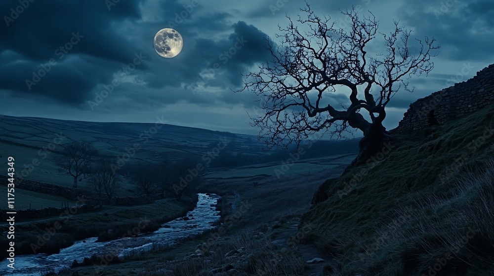 Fototapeta premium Nocturnal Serenity: A Moonlit Landscape