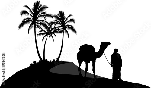 Une silhouette d'un chameau et d'un bédouin sur une dune avec des palmiers