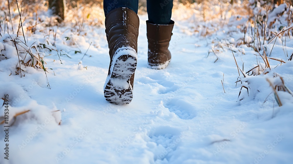 A person is walking in the snow with their boots on A person is walking in the snow with their boots on