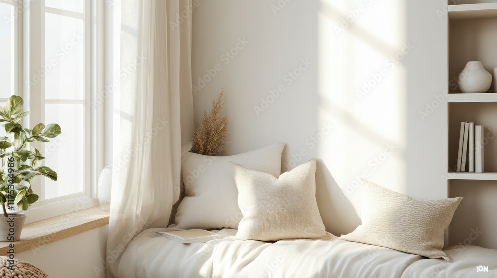 Fototapeta premium Sunlit window seat with cushions, plant, and books.