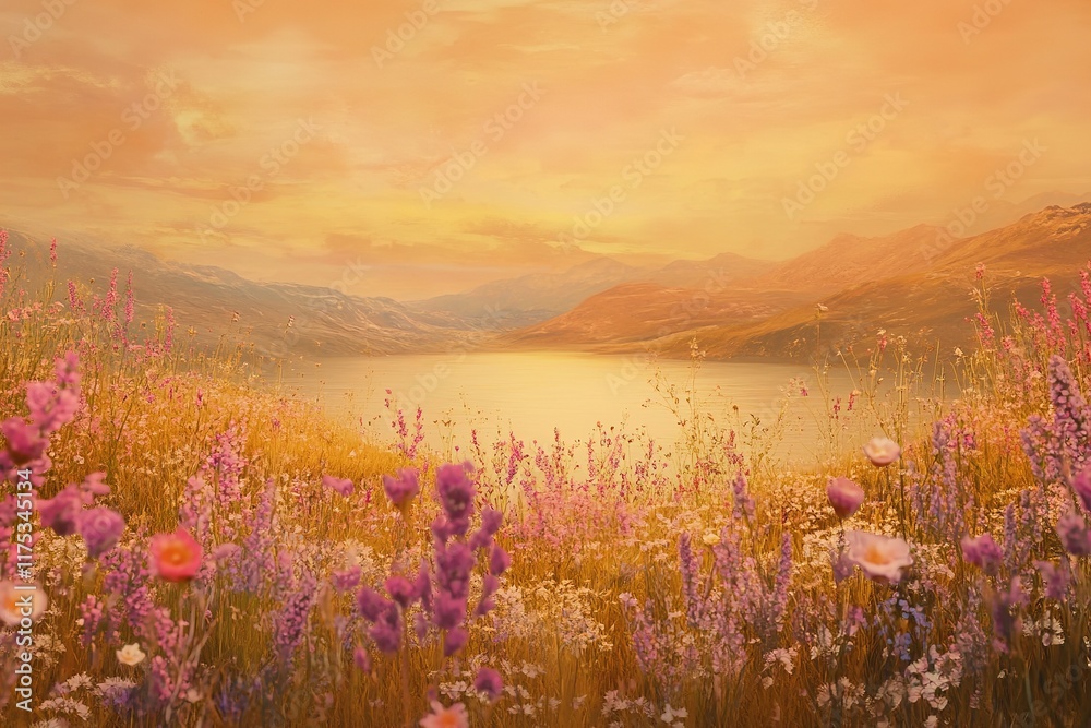 Naklejka premium Serene landscape features vibrant flowers against tranquil lake