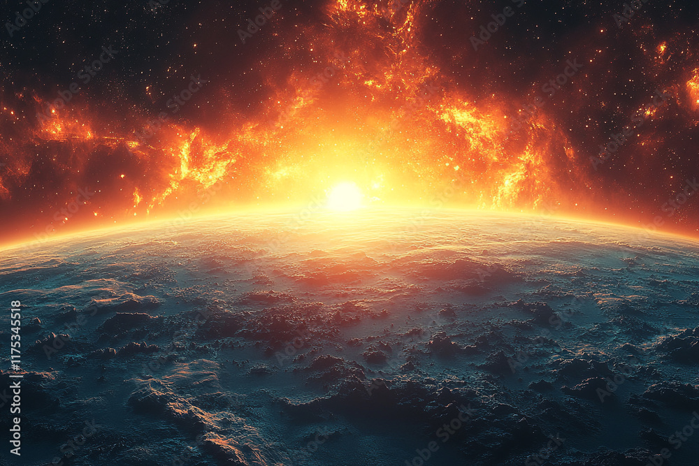 Fototapeta premium Fiery Nebula Sunrise Over a Distant Alien Planet