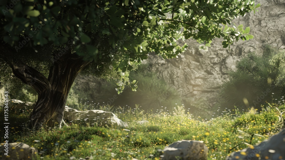 Serene Nature Scene with a Majestic Tree Surrounded by Wildflowers and Sunlit Landscape in a Peaceful Outdoor Setting Serene Nature Scene with a Majestic Tree Surrounded by Wildflowers and Sunlit Landscape in a Peaceful Outdoor Setting