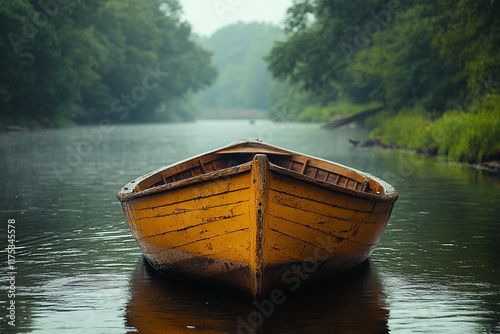 Wooden Rowboat on Calm River Surrounded by Trees
