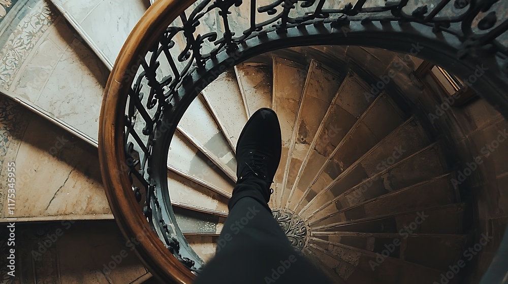 Fototapeta premium A person's foot is on a spiral staircase