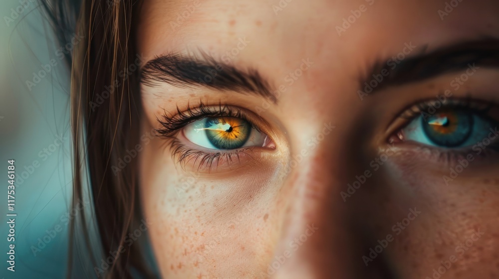 Close-Up Portrait of a Young Woman with Striking Green and Hazel Eyes, Emphasizing Natural Beauty and Expressive Features in a Soft Focus Setting Close-Up Portrait of a Young Woman with Striking Green and Hazel Eyes, Emphasizing Natural Beauty and Expressive Features in a Soft Focus Setting