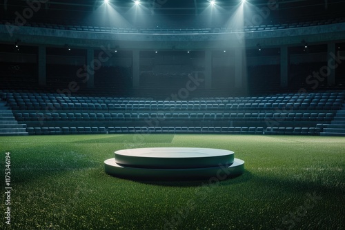 High Resolution Visual of Podium Surrounded by Empty Seats and Lights in a Football Stadium