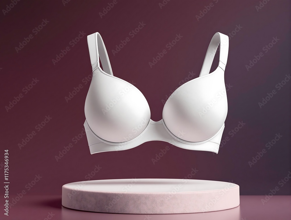 Elegant White Bra Mockup on Soft Velvet Pedestal with Monochromatic Background Elegant White Bra Mockup on Soft Velvet Pedestal with Monochromatic Background