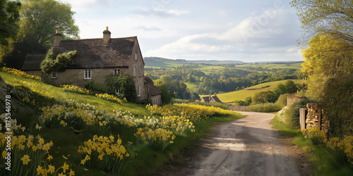 Idyllic rural scene with a charming stone cottage surrounded by a lush field of blooming flowers, offering a glimpse into peaceful country life in the hills.