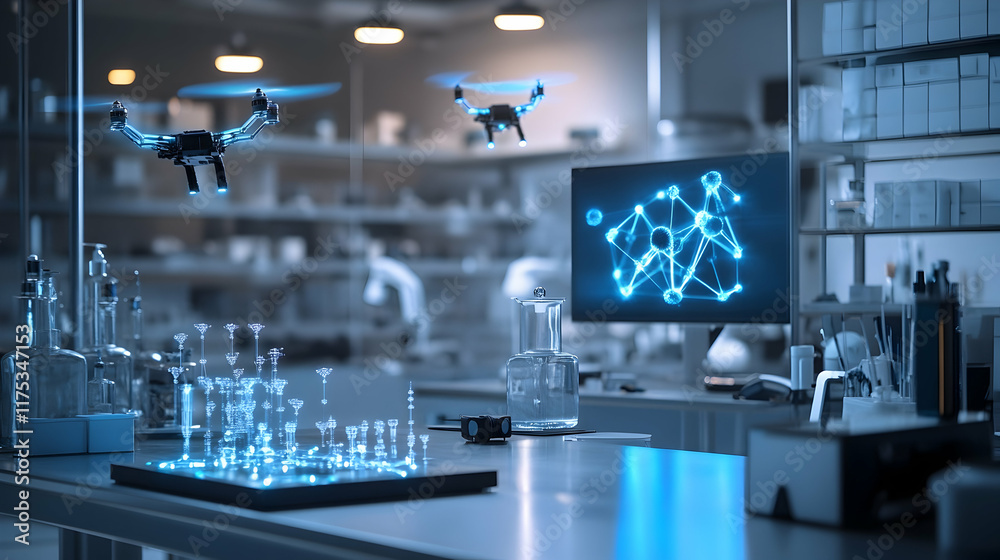 A dynamic futuristic lab with rotating LED lights, drones flying between workstations and holographic projections of 3D-printed molecular designs A dynamic futuristic lab with rotating LED lights, drones flying between workstations and holographic projections of 3D-printed molecular designs