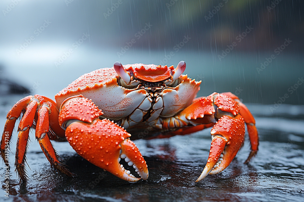Vivid Orange Crab In The Rain A Coastal Scene Vivid Orange Crab In The Rain A Coastal Scene