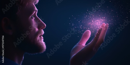 A man gazes at a glowing orb of sparkling particles in his hand, conveying a sense of wonder and magic against a dark background.