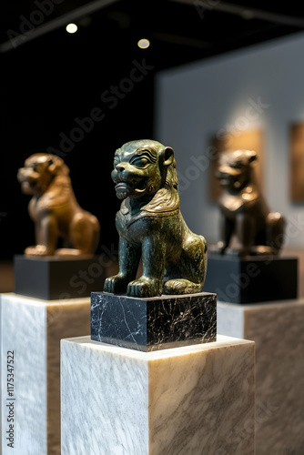 Bronze sculptures of lions displayed in a contemporary art gallery showcasing craftsmanship and artistry, inviting admiration and appreciation photo