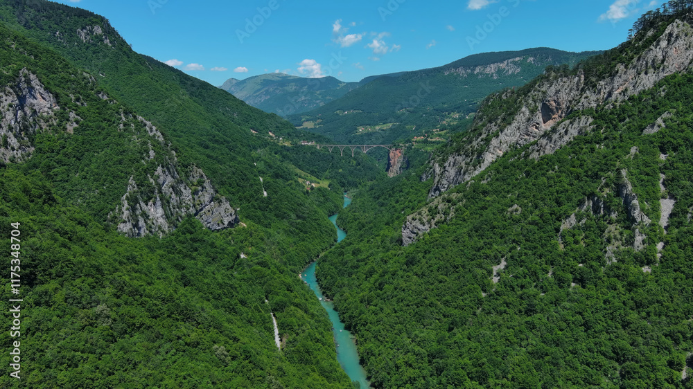 Fototapeta premium Aerial view on Djurdjevica arch bridge over Tara