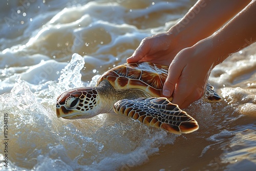 A volunteer releasing a rescued sea turtle into the ocean, with waves gently lapping the shore, realistic