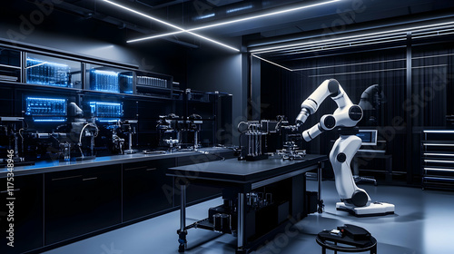 A high-tech futuristic lab with matte black walls, humanoid robots fabricating AI-powered drones and laser-guided equipment running autonomously