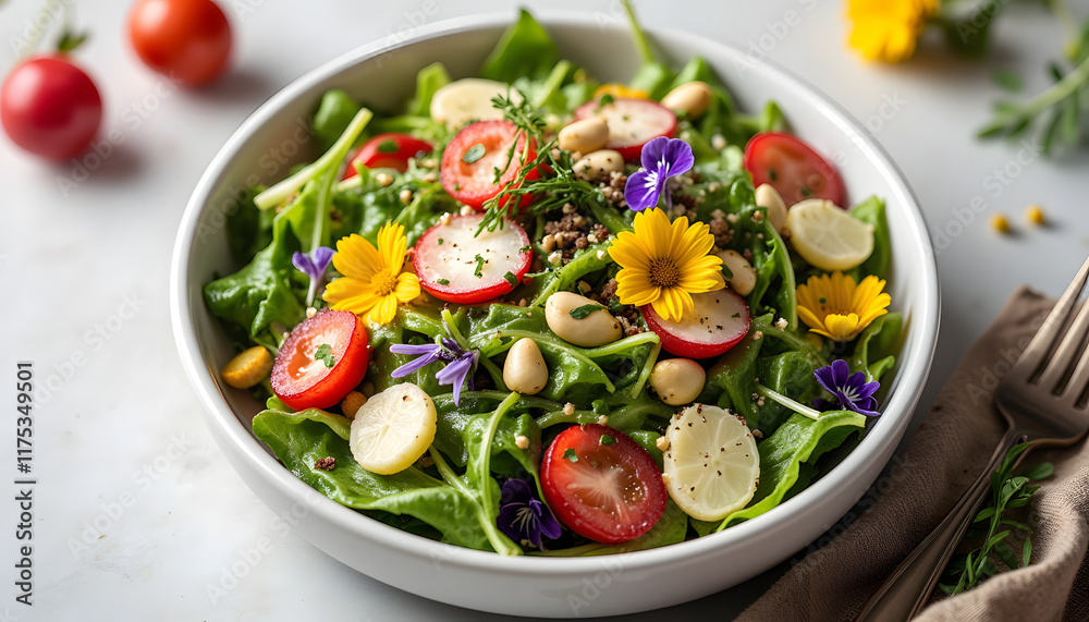 Easter dish, Fresh salad with vibrant vegetables and edible flowers Easter dish, Fresh salad with vibrant vegetables and edible flowers