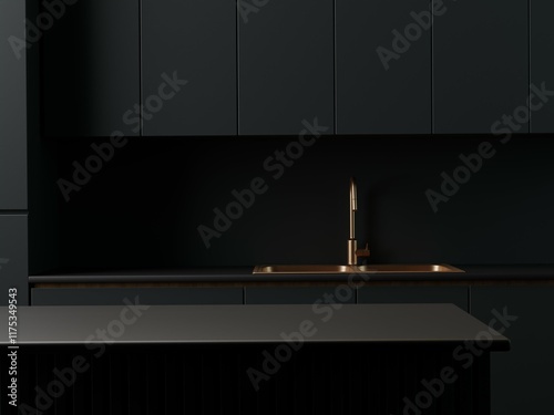 Dark contemporary kitchen tabletop with empty space for your product display over beautiful black kitchen background. Golden sink. Minimal elegant trendy kitchen. 3d rendering.
