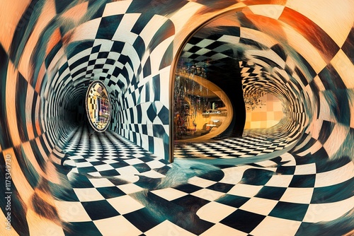 Surreal space with twisting patterns creates an illusion of dept